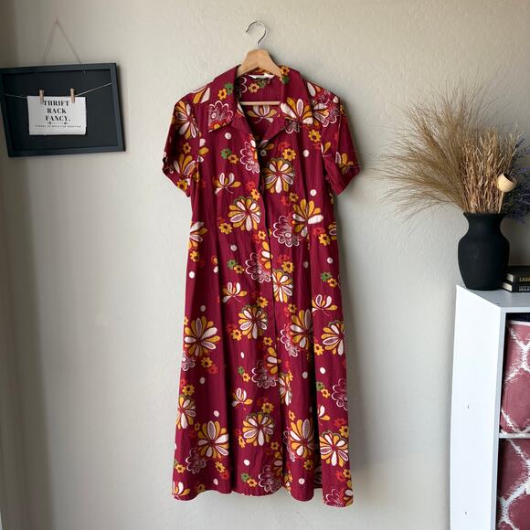 Toast Red Retro Floral Print Aster Short Sleeve Button Up Midi Shirt Dress 10 - Picture 1 of 8